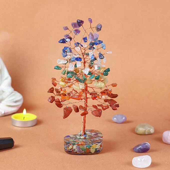 Crocon Crystals Heart Shape Base Tree 7 Chakra Healing Stones Reiki Crystals Spiritual Positive Energy Home Room Office Desk Decor Pink Gifts for Women Men & Mom Birthday Presents Unique