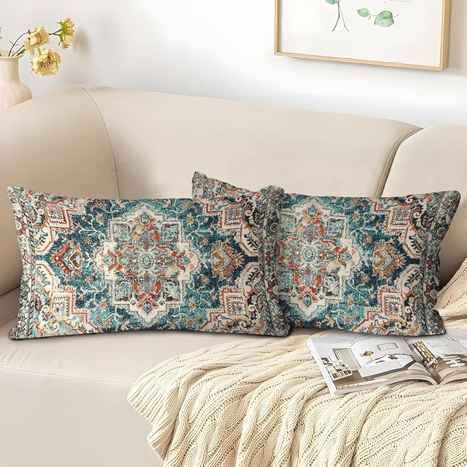 Boho Throw Pillow Covers 12x20 inch Set of 2,Boho Vintage Carpet Pattern Antique Ethnic Decor Double Sided Pattern Cushion Cover Soft Pillow Case Living Sofa Room Bed Square Pillow Cover