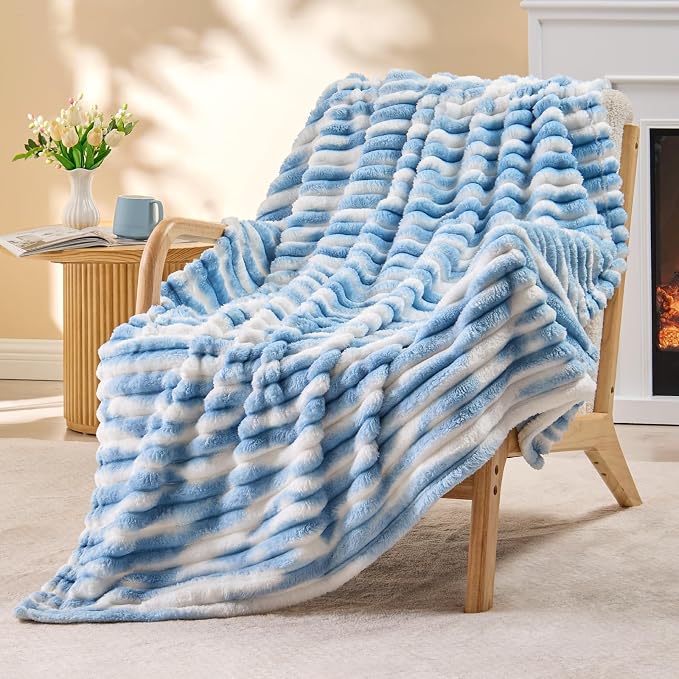 BEDELITE Striped Fleece Throw Blanket, Blue&White, 50"x60" | 300GSM Microfiber Fleece, Soft Cozy, Lightweight Warm, Double-Sided Plush, Machine Washable, Gift, Room Decor, for Couch Sofa