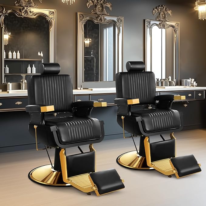 Barber Chair, Heavy Duty Reclining Barbershop Chair for Hair Stylist with Footrest and Headrest, Adjustable 360° Swivel All Purpose Hydraulic Salon Chair for Home Spa Beauty, Black Gold
