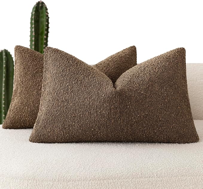 Foindtower Pack of 2 Textured Boucle Throw Pillow Covers Accent Solid Decorative Lumbar Pillow Cases Cozy Couch Cushion Case for Chair Sofa Bedroom Living Room Home Decor 12x20 Inch Chocolate