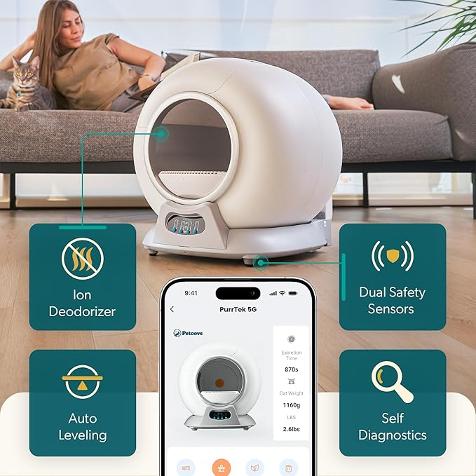 Petcove Automatic Self Cleaning Litter Box for Multiple Cats - PurrTek with Smart App (5GHz Wi-Fi), Triple Odor Control, Quiet Operation & Advanced Safety Sensors