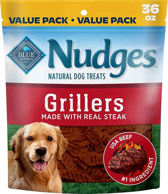 Blue Buffalo Nudges Grillers Steak Dog Treats, 36 oz | Real USA Beef First, Charred Texture, For All Breed Sizes, No Chicken By-Product, Corn, Wheat, or Soy