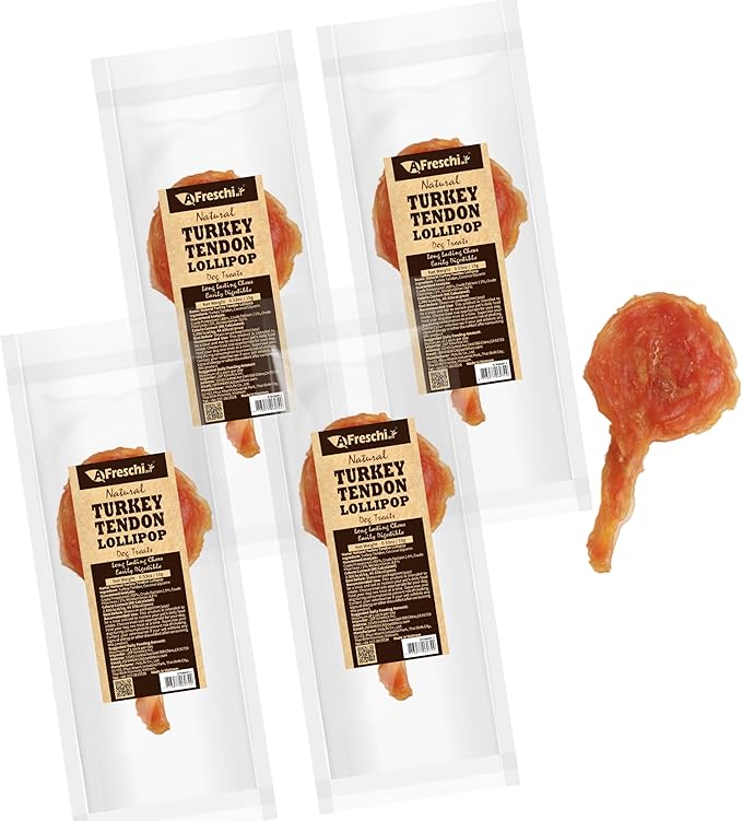 A Freschi srl Turkey Tendons for Dogs, USA-Sourced Human Grade, Rawhide-Free Long-Lasting Puppy Chews, All Natural Hypoallergenic Dog Treats for Small Breeds, Lollipop (S), 4 Count Pack