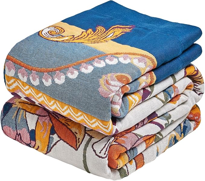 MSGKV Boho Throw Blanket 50"x60" Summer Cotton Victoria Floral Blanket | 100% Cotton Muslin, Victoria Floral Throw, Reversible Weave, Soft & Breathable, Cozy Home Accent, Machine Washable