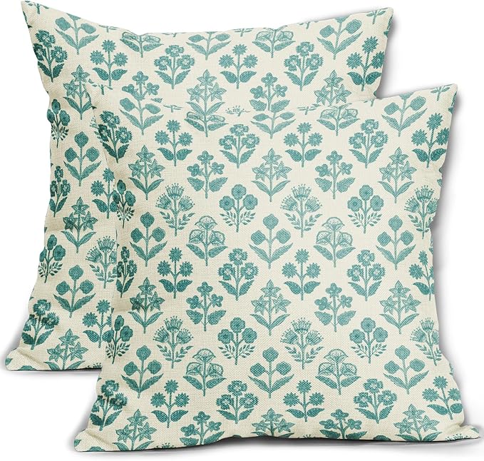 Teal Floral Pillow Covers 20x20 Inch Set of 2, Vintage Flower Block Print Pattern Decorative Throw Pillowcases Outdoor Farmhouse Cushion Covers Spring Summer Rustic Sofa Couch Bed Decor