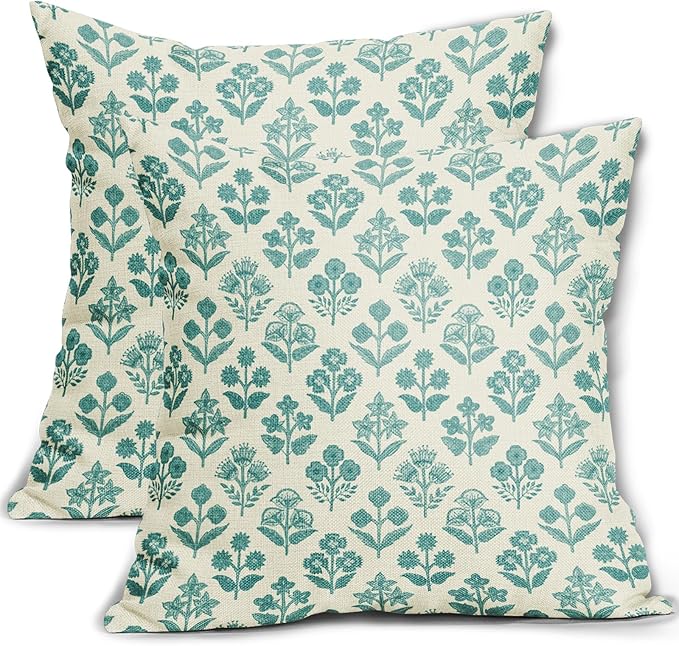 Teal Floral Pillow Covers 24x24 Inch Set of 2, Vintage Flower Block Print Pattern Decorative Throw Pillowcases Outdoor Farmhouse Cushion Covers Spring Summer Rustic Sofa Couch Bed Decor