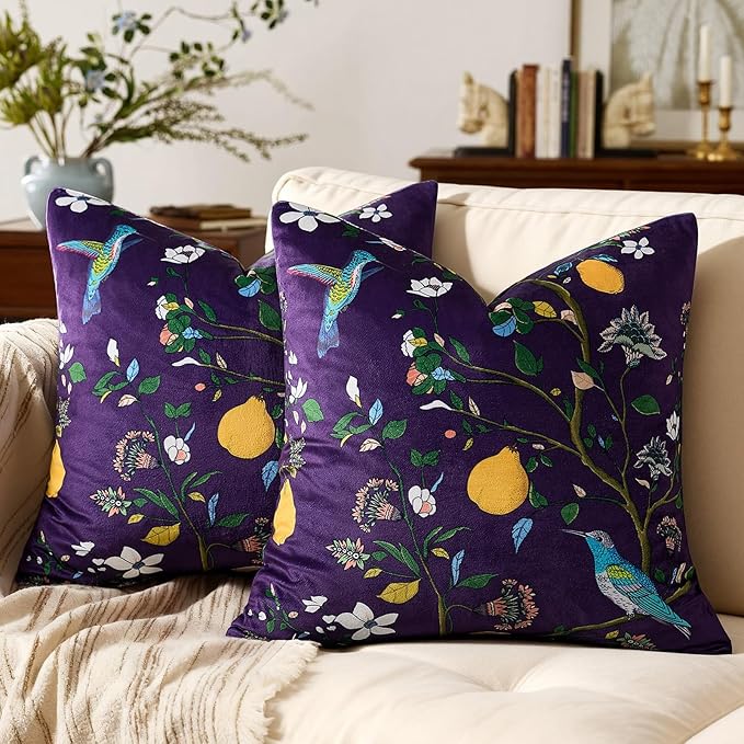 MUSSEL Purple Velvet Floral Decorative 20x20 Pillow Covers Set of 2 | Durable Sturdy,Botanical Printed Pattern,Throw Pillows Case,Square,Colorful Mid Century Cushion Covers,Sofa Couch Decor