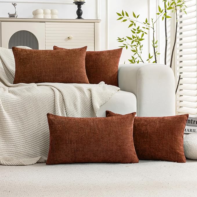 Set of 4 Soft Textured Decorative Throw Pillow Covers 12X20 Inch Cozy Farmhouse Cushion Cover Square Accent Pillow Cases for Bed Couch Sofa Living Room, Rust
