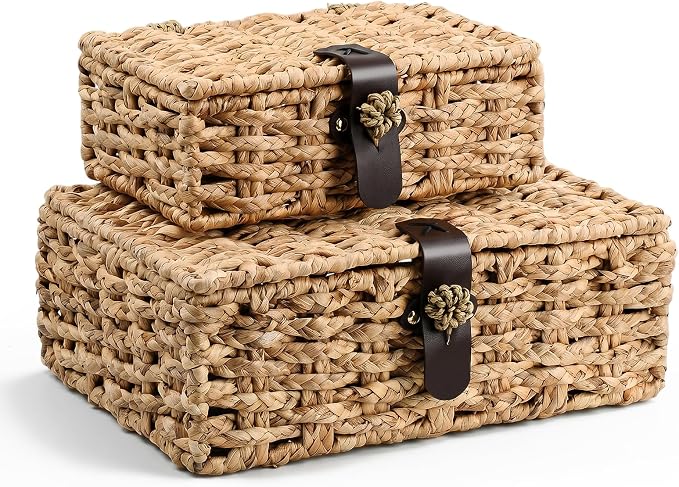 Water Hyacinth Wicker Storage Baskets with Magnetic Lids, Set of 2 | 2-Piece handwoven water hyacinth boxes with magnetic lids and metal frames for shelves, coffee tables, and consoles