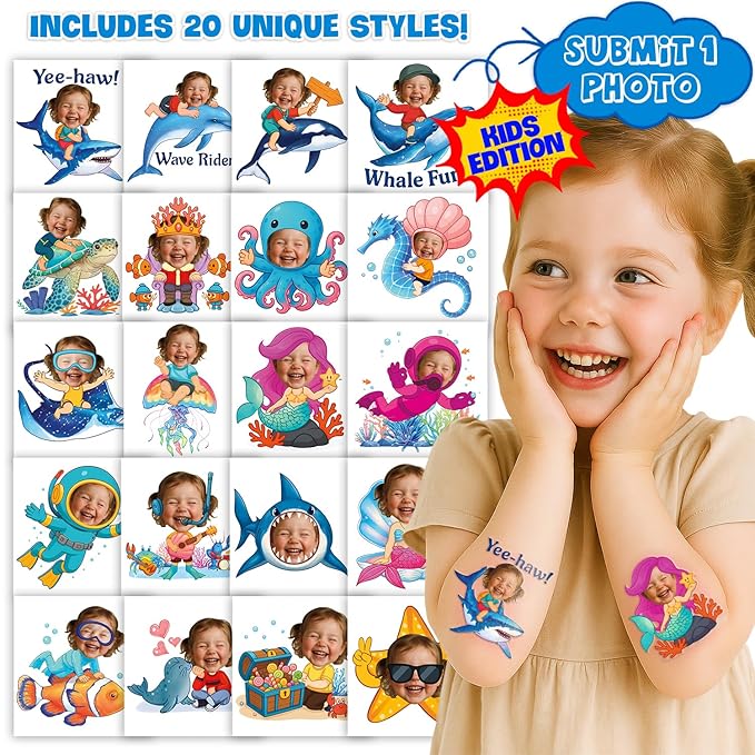 Custom Ocean Temporary Tattoos for Kids - Personalized Pre-Cut Face Photo Tattoos - Fun Birthday Party Favors for Boys Girls, Ocean Lovers - Set of 20 Unique Celebration Gifts
