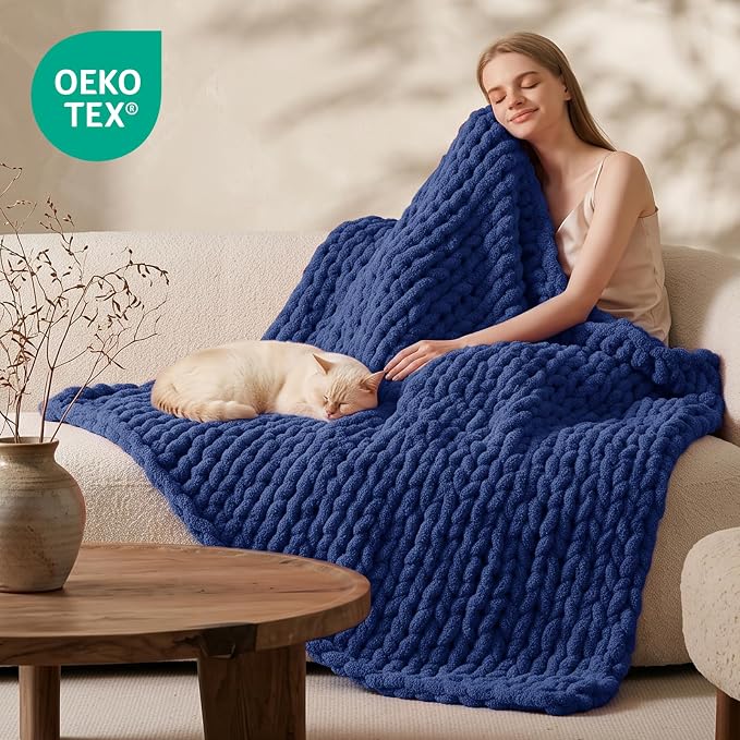 L'AGRATY Chunky Knit Throw Blanket for Couch, 50 x 70 Inches, Dark Blue | Handmade Chenille Crochet Blanket for Sofa Bed, Thick Cable Knitted Blankets for Room Home Decor, Birthday Gift for Women Mom