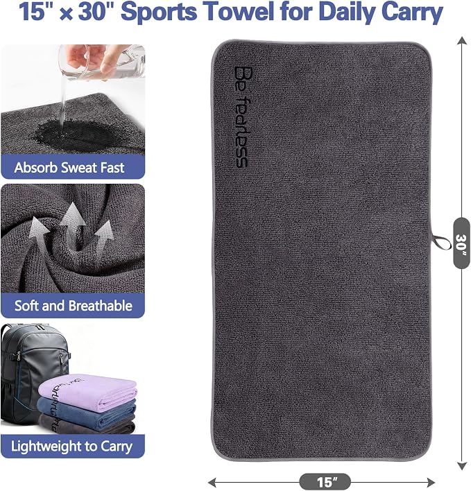 BOBOR Gym Towels for Men and Women, 3 Pack 15 x 30 Inch Microfiber Workout Towels, 400 GSM Quick Dry Sweat Towels with Center Hanging Loop, Soft Absorbent Sports Towels for Yoga, Running, Swimming