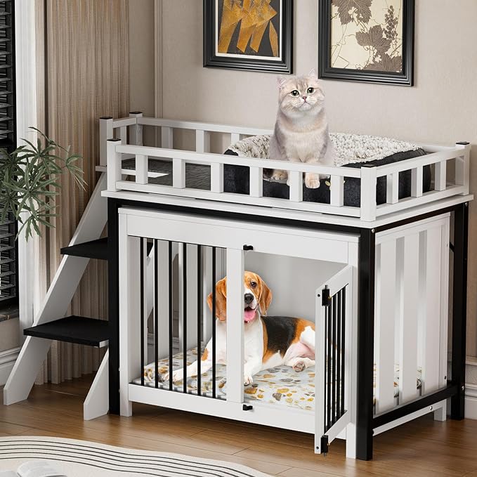 PAKASEPT Pet Bunk Bed,Dog Window Perch with Stairs and Storage, Dogs/Cats Crate Furniture, with Multi-Purpose Blanket and Indoor Dog Bed for Small Medium Size