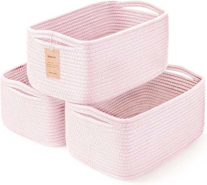 3 Pack Storage Baskets for Organizing, 13.7×9.5×6.3", Mixed Pink | Woven Baskets for Shelves, Cotton Rope Basket for Gifts Empty, Closet Organizer Bins with Handles, Cube Decorative Box