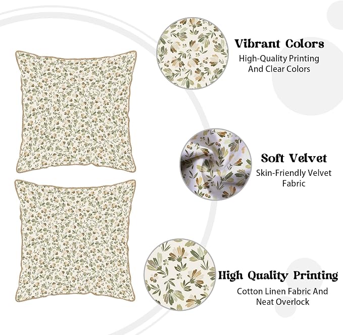 KSLIDS Sage Green Beige Floral Soft Velvet Throw Pillow Covers Set of 2 Vintage Brown Flower Decorative Pillow Covers 16x16 Inch Rustic Pillow Case for Sofa Couch Bedroom Farmhouse Home Decor