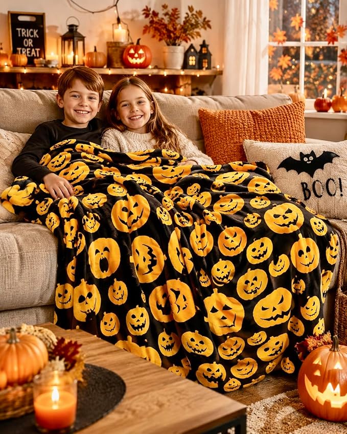Halloween Fleece Throw Blanket, Cute Scary Jack-O-Lanterns on Black, 50x60 | Ultra-soft cozy flannel fleece, for sofa bed couch chair & dorms, spooky Halloween décor, durable and machine washable.