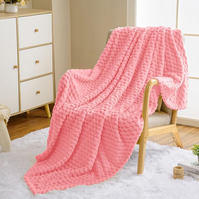 Vessia Flannel Fleece Throw Blanket(50x70 inch), 3D Jacquard Pink Fuzzy and Warm Blanket for Couch,Sofa,Bed,Chair, 300GSM Super Soft Touch Cozy Lightweight Throw for All-Season Home Decor