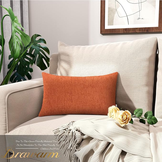 BRAWARM Throw Pillow Covers 12x20 Inches - Burnt Orange Chenille Lumbar Pillow Covers Pack of 2, Solid Dyed Soft Chenille Pillow Cases for Couch Sofa Bed Home Decoration