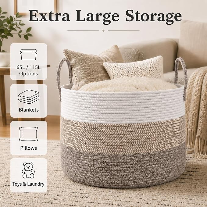JMvicyroam 65L Extra Large Machine Washable Cotton Rope Blanket Basket | Collapsible laundry hamper, Reinforced handles, For blankets,pillows,toys and clothes, Living room and bedroom,White&BrownMix