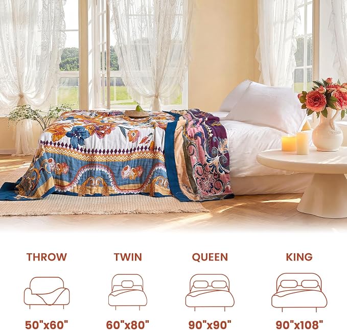 MSGKV Boho Throw Blanket 50"x60" Summer Cotton Victoria Floral Blanket | 100% Cotton Muslin, Victoria Floral Throw, Reversible Weave, Soft & Breathable, Cozy Home Accent, Machine Washable
