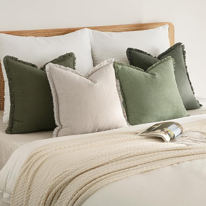 MIULEE Fall Linen Fringe Pillow Covers Set of 4 20x20 Beige/Sage Green | Boho Farmhouse Decorative Throw Pillow Covers, Neutral Soft Rustic Cushion Cases, for Couch Sofa Bed Living Room Home Decor