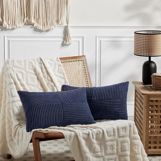 Fancy Homi Navy Blue Lumbar Decorative Throw Pillow Covers 16x32 Inch for Living Room Couch, Rustic Farmhouse Boho Home Decor, Soft Striped Corduroy Rectangle Accent Cushion Case 40x80 cm