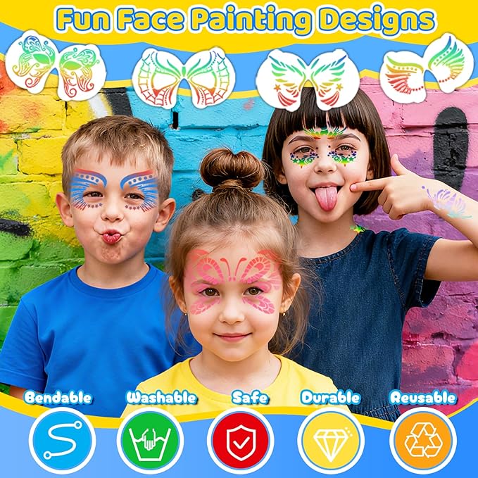 63Pcs Face Painting Brushes and Stencils Kit with 32 Reusable Facial Painting Stencils 9 Sheets Stickers 15 Brushes 2 Adhesive Gems 4 Fingertip Sponges, 4 Makeup Sponges For Festival Party Makeup