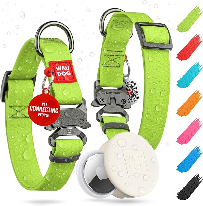 WAUDOG Waterproof Dog Collar - Adjustable Collar with Air Holder and QR Tag for Large, Small and Medium Breeds