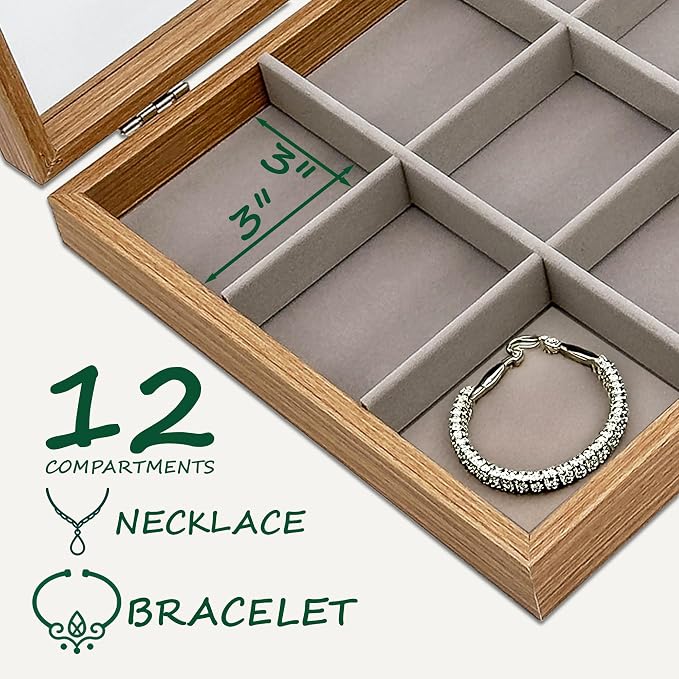 Wooden Travel Jewelry Box w. Tempered Glass Display Lid - Earrings Storage - 12-Compartments Velvet Organizer (Natural Oak) by The Display Guys