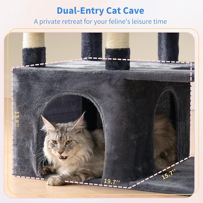 Heybly Cat Tree, 71-Inch Tall Cat Tower for Large Maine Coon Cats HCT037G | Cat Condo Furniture with Extra-Large Baseboard, Multi-Level Platforms, 2 Hammocks and 12 Scratching Posts, Smoky Gray