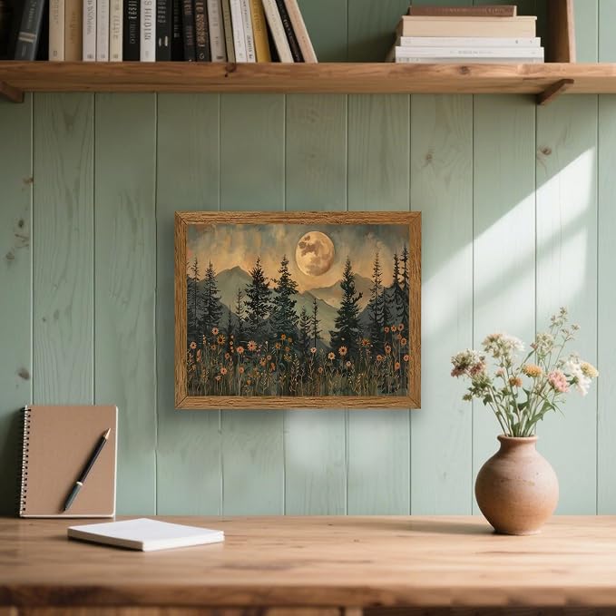 JLTULT Vintage Pine Tree Wall Art, Moonlit Wood-Framed Canvas, 8 x 10 In | Moonlit pine forest with wildflowers, fade-resistant canvas and ready-to-hang frame for bedrooms, living rooms and offices