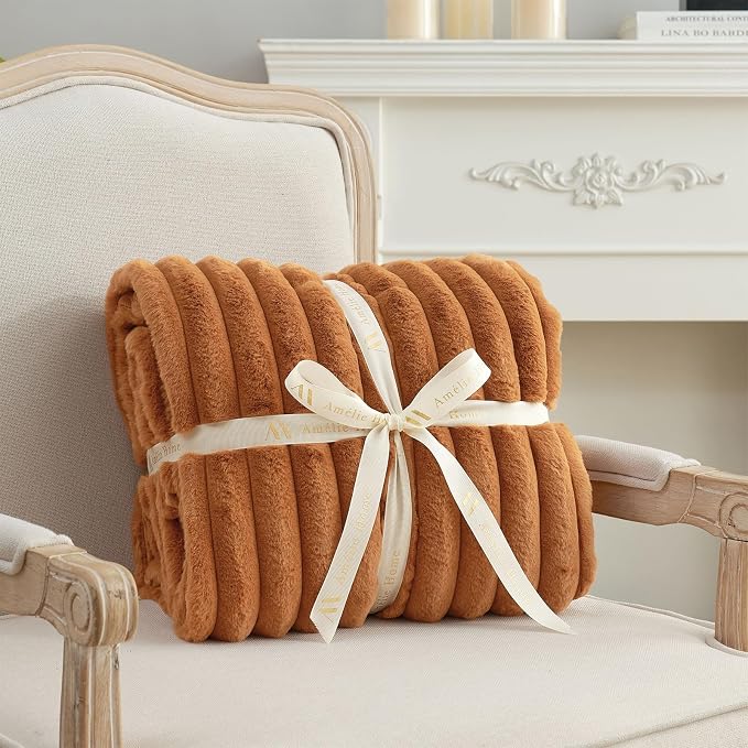 Faux Fur Throw Blanket for Couch, Cozy Fuzzy Fluffy Fur Luxurious Soft Striped Plush Gift Blankets for Family Sofa Chair Bedroom, 55"x70", Orange Brown