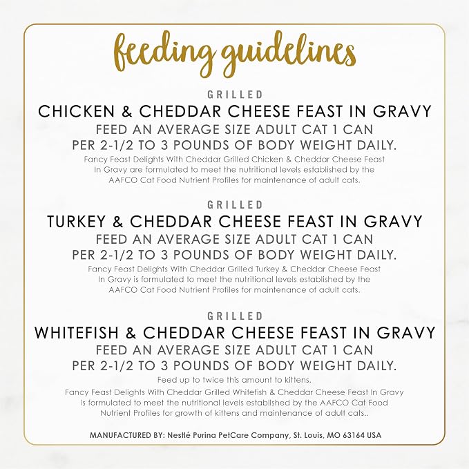 Purina Fancy Feast Delights with Cheddar Wet Cat Food, 3 oz cans, 24-Pack | Grilled Chicken, Turkey or Whitefish in Gravy recipes with no artificial colors or preservatives