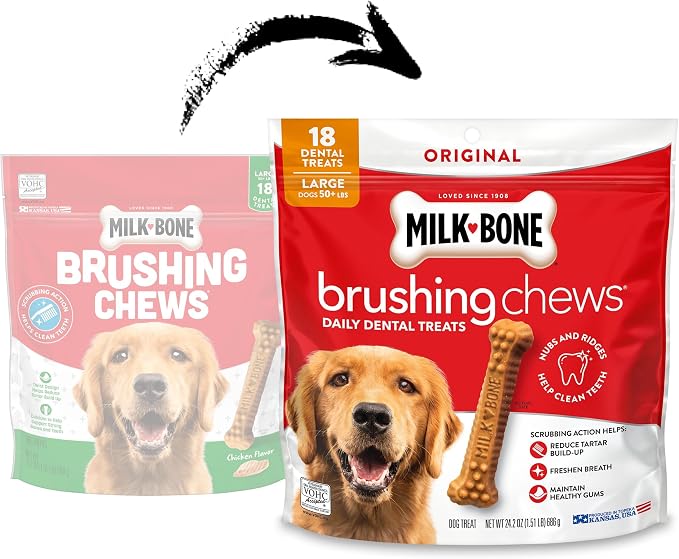 Milk-Bone Brushing Chews Original Chicken Flavor Daily Dental Dog Treats, Large, 24.2 Oz. Bag 18 Count (Pack of 5)