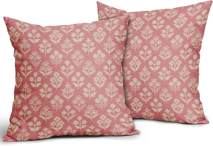 Pink Floral Pillow Covers 22x22 Inch Set of 2, Vintage Flower Block Print Pattern Decorative Throw Pillowcases Outdoor Farmhouse Cushion Covers Spring Summer Rustic Sofa Couch Bed Decor