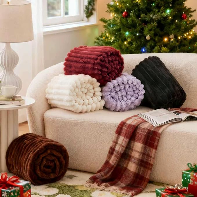 EXQ Home Fleece Throw Blanket for Couch or Bed - 3D Stripe Jacquard Decorative Blankets - Cozy Soft Lightweight Fuzzy Flannel Blanket Suitable for All Seasons(50"×60",Red)