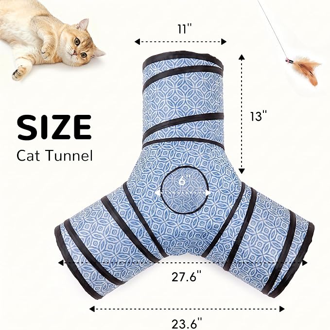 Tempcore 3 Way Collapsible Cat Tunnel for Indoor Cats, Pet Tunnel Bored Toys with Peek Hole & Ball for Puppy, Kitty, Kitten, Rabbit
