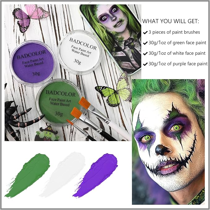 White Green Purple Face Body Paint, Face Painting Kit with Brushes for Beetlejuice & Frankenstein Halloween Makeup, Facepaints for Witch Ursula Maleficent Costume Cosplay & Monster Skeleton SFX Makeup