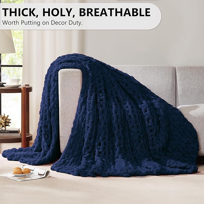 L'AGRATY Chunky Knit Throw Blanket for Couch, 50 x 60 Inches, Dark Blue | Handmade Chenille Crochet Blanket for Sofa Bed, Thick Cable Knitted Blankets for Room Home Decor, Birthday Gift for Women Mom