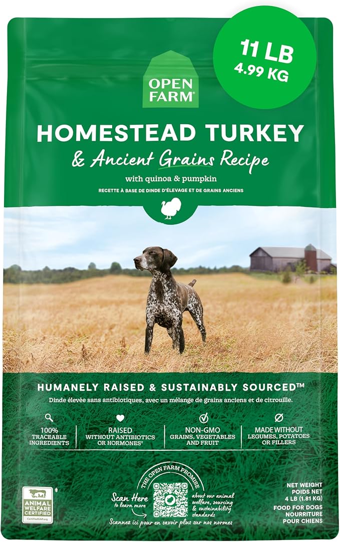 Open Farm Ancient Grains Dry Dog Food, Homestead Turkey Kibble, 11lb Bag | All Life Stages, All Breed Sizes, Protein-Rich & Nutrient Dense, 100% Traceable Ingredients, Non-GMO Fruits & Veggies.