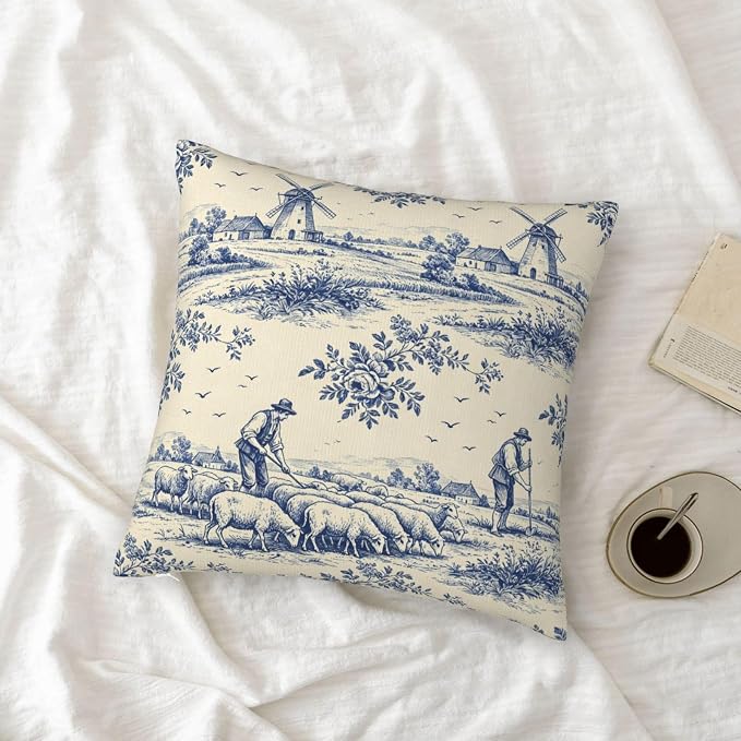 French Country Toile Pillow Covers 18x18 Set of 2, Blue & Cream Vintage Throw Pillow Covers Outdoor Decorative Pillow Case for Couch Bed Sofa Cushion Home Decor