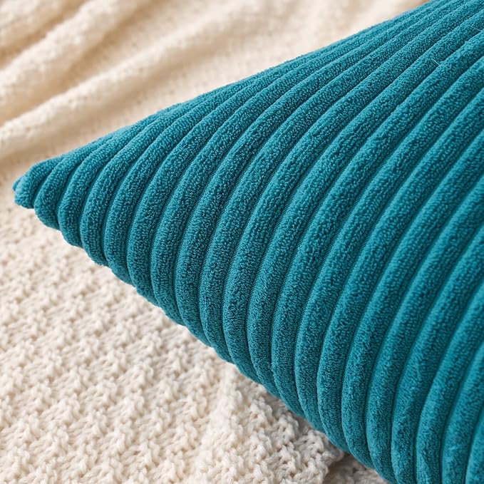 MIULEE Decorative Corduroy Throw Pillow Covers Set of 2 20x20 Teal | Soft Striped Textured Cushion Cases, Boho Coastal Square Pillowcases for Home Decor, for Couch Chair Sofa Bed Living Room