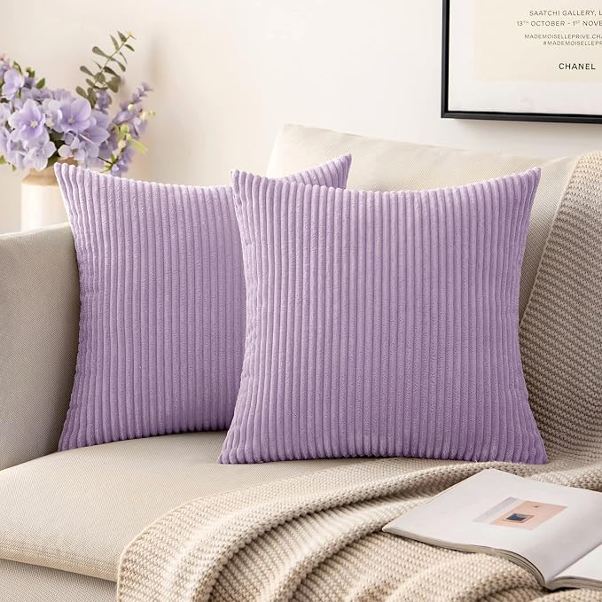 MIULEE Decorative Corduroy Throw Pillow Covers Set of 2 18x18 Lavender | Soft Striped Textured Cushion Cases, Boho Energetic Vibe Pillowcases for Home Decor, for Couch Chair Sofa Bed Living Room