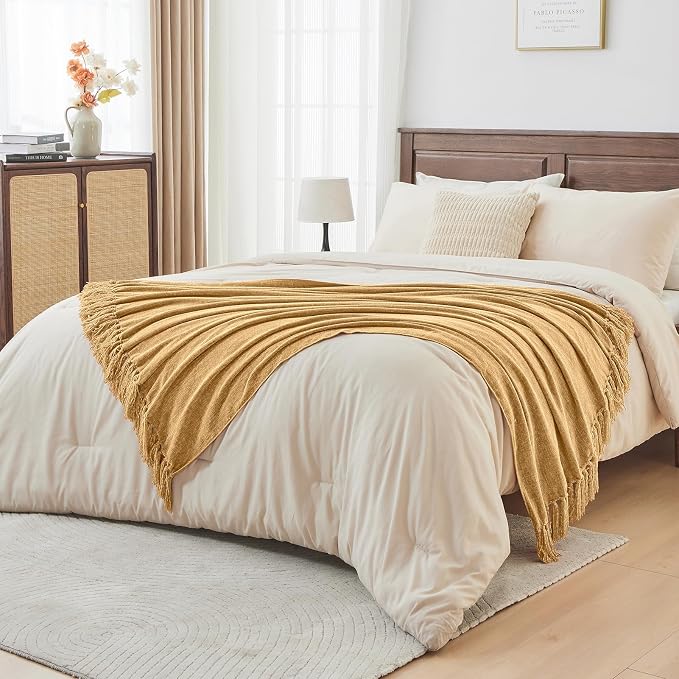 CozeCube Chenille Throw Blanket, Light Brown Fringe Blanket, 60"X80" | For Couch, Cozy Plush Fuzzy Decorative Blanket with Fringe Tassels, Lightweight Throws for Bed Sofa Gift Home Decor