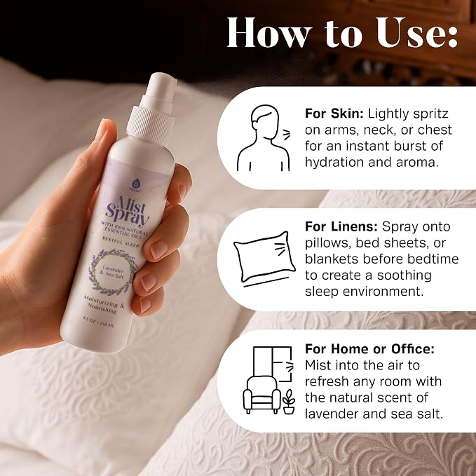 Lavender & Sea Salt Mist Body Spray – Multi-Use Aromatherapy with Essential Oils for Skin, Pillow Spray for Sleeping, Linen & Room Freshener, Hydrating Body Mist, 8.5 oz (Pack of 3)
