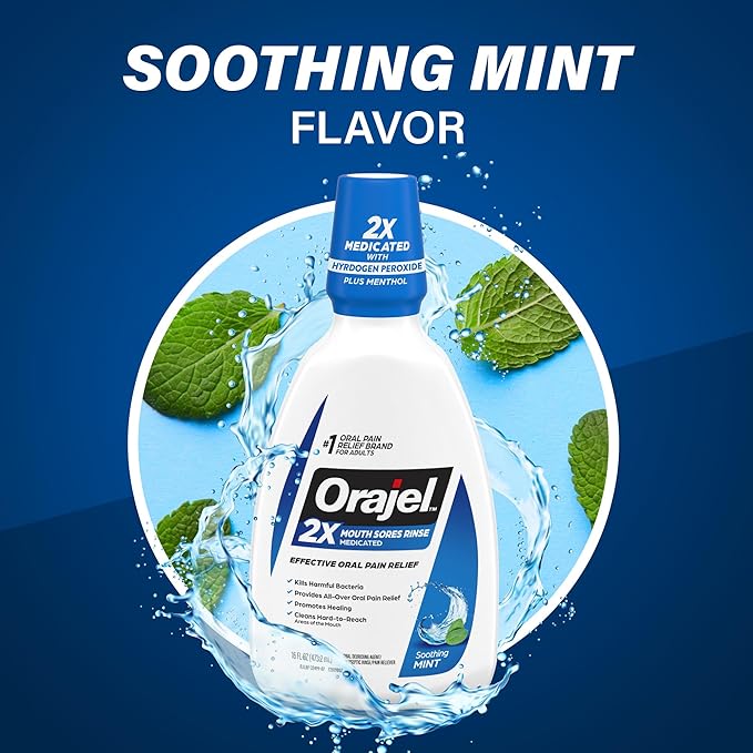 Orajel Nonseptic Mouth Sore Rinse 16oz, Soothing Mint Flavor, Provides Pain Relief, Promotes Healing, 3-Pack