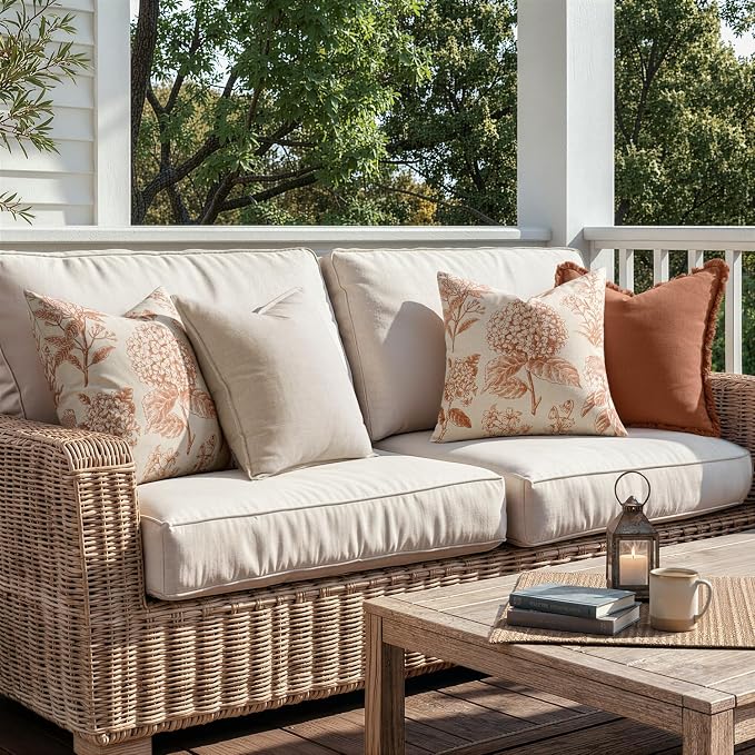 Set of 2 Decorative Floral Pillow Covers 18x18 Inch Autumn Orange | Neutral Hydrangea Print, Boho Vintage Throw Cushion Covers, Cottagecore Home Decor, for Sofa Couch Porch Bedroom Living Room