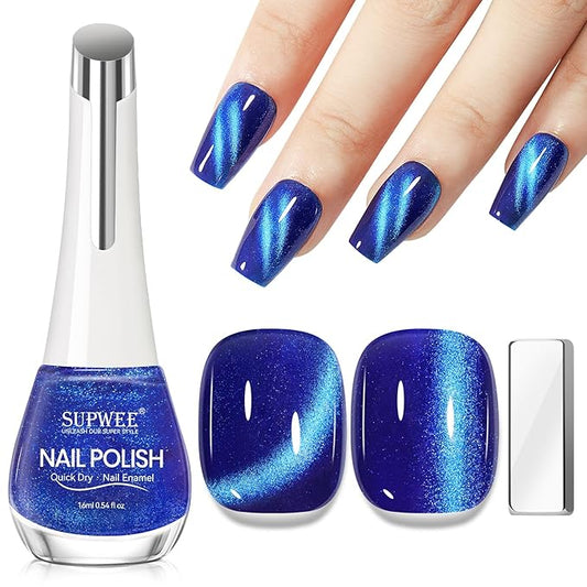 Blue Magnetic Nail Lacquer, Quick Dry Cat Eye Nail Polish Non Gel Fingernail DIY Manicure For Women Girls 16ml/0.54 oz