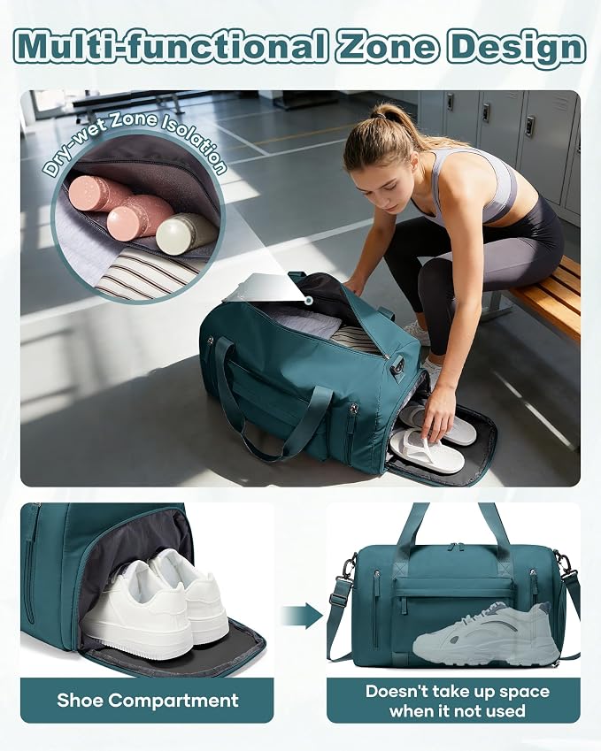 Gym Bag for Women,Travel Duffel Bag with Shoes Compartment Personal Item Carry On Overnight Bag for Mens Weekender Bag Training Handbag Sports Gym Tote Bag Yoga Bag Peacock Blue